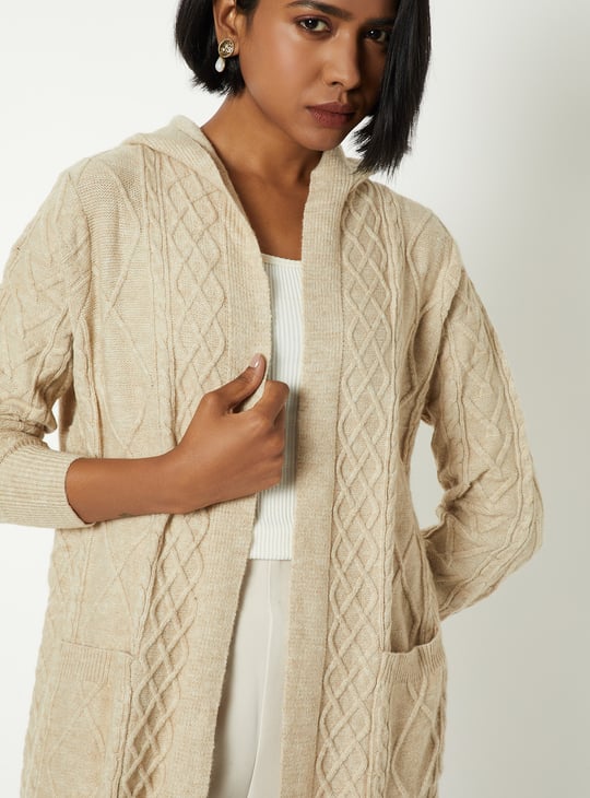 Women Knit Hooded Longline Cardigan