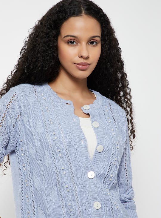 Women Jacquard Pearl Embellished Cardigan