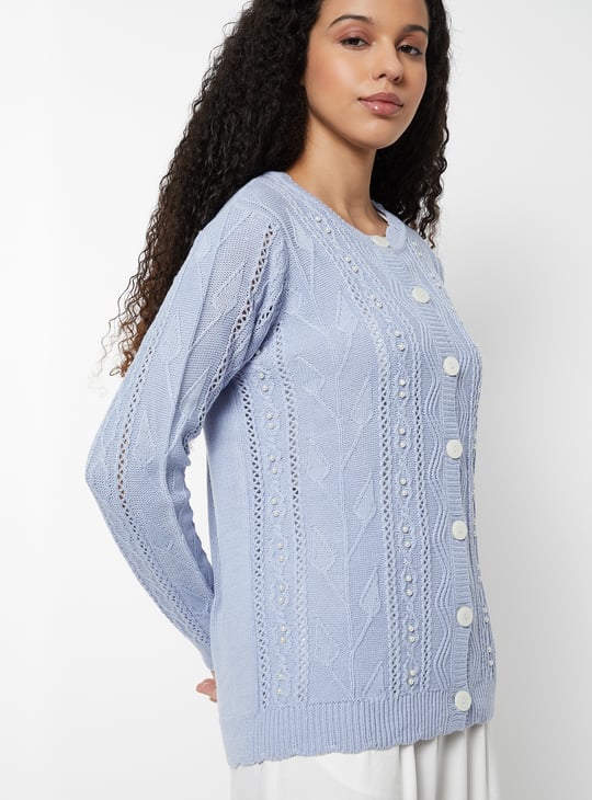 Women Jacquard Pearl Embellished Cardigan