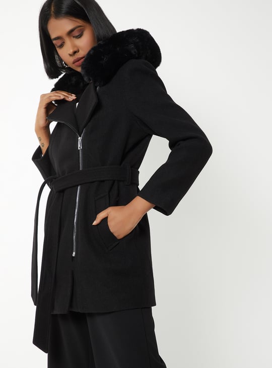 Women Fur Hood Longline Jacket