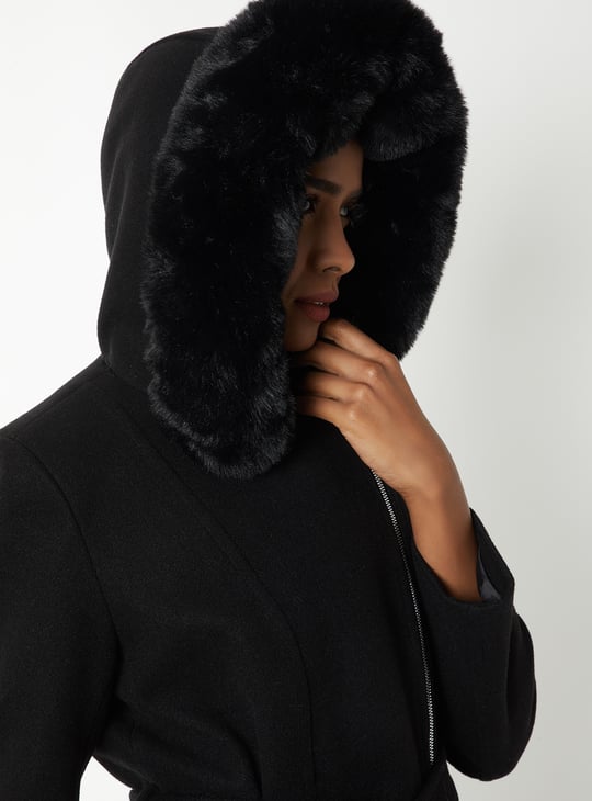 Women Fur Hood Longline Jacket