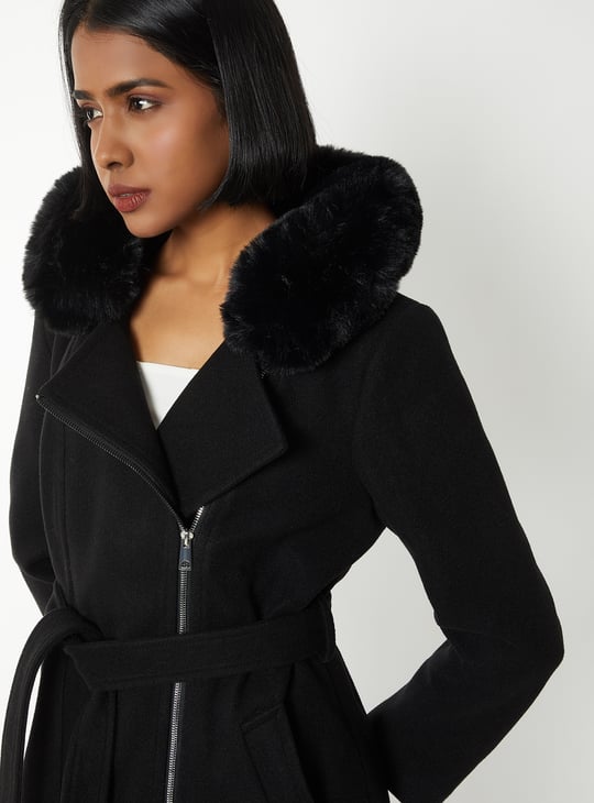 Women Fur Hood Longline Jacket