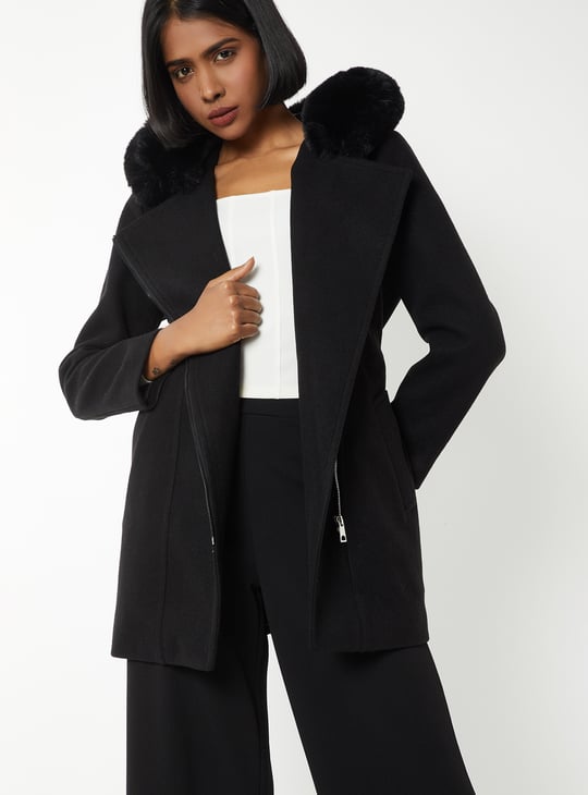 Women Fur Hood Longline Jacket