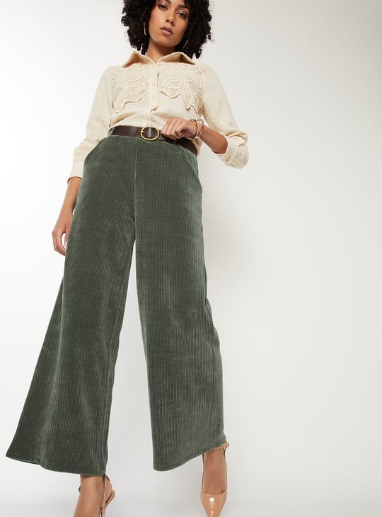 Women Pleated Wide Leg Corduroy Trousers