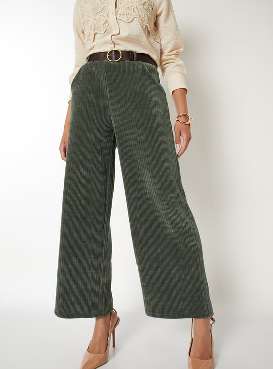 Women Pleated Wide Leg Corduroy Trousers