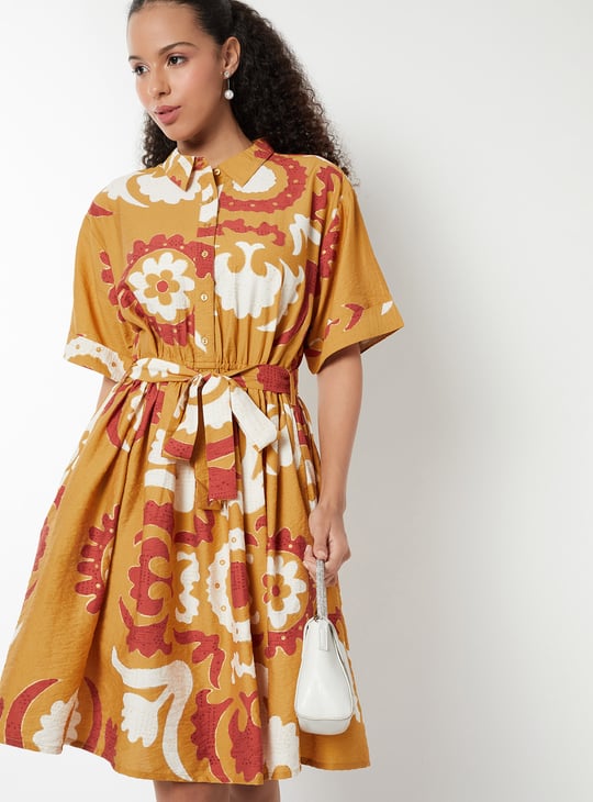 Women Printed A-line Belted Dress