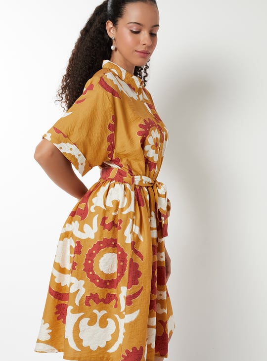 Women Printed A-line Belted Dress