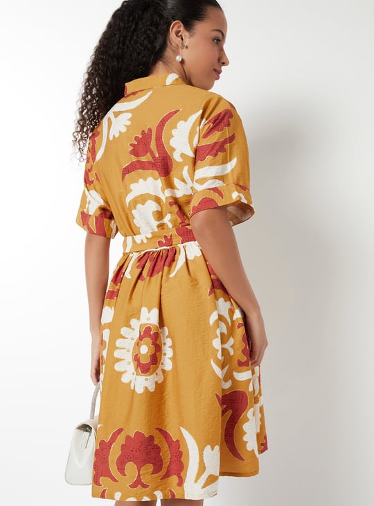 Women Printed A-line Belted Dress