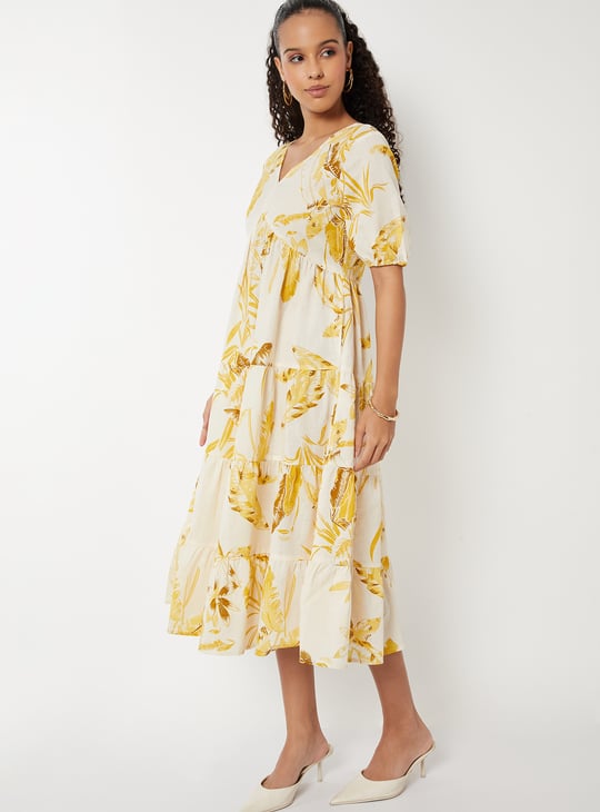 Women Floral Print Tiered Midi Dress