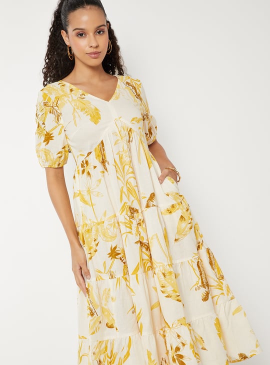 Women Floral Print Tiered Midi Dress