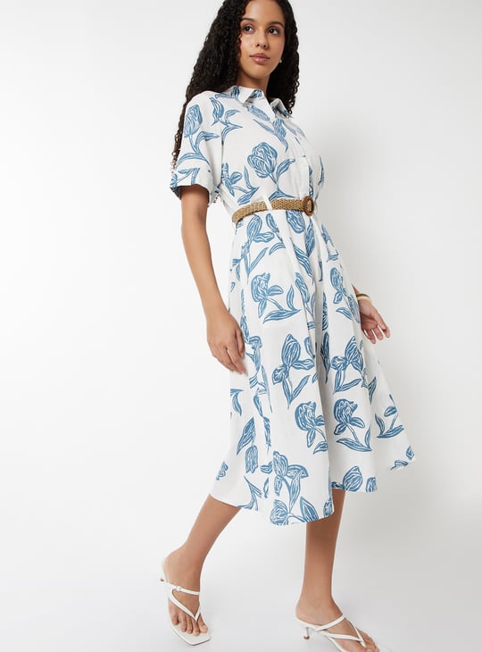 Women Printed Shirt Dress with Belt