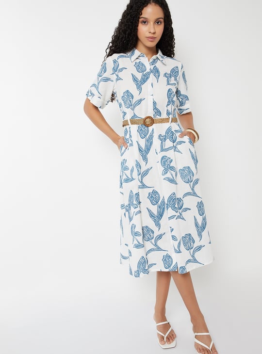Women Printed Shirt Dress with Belt