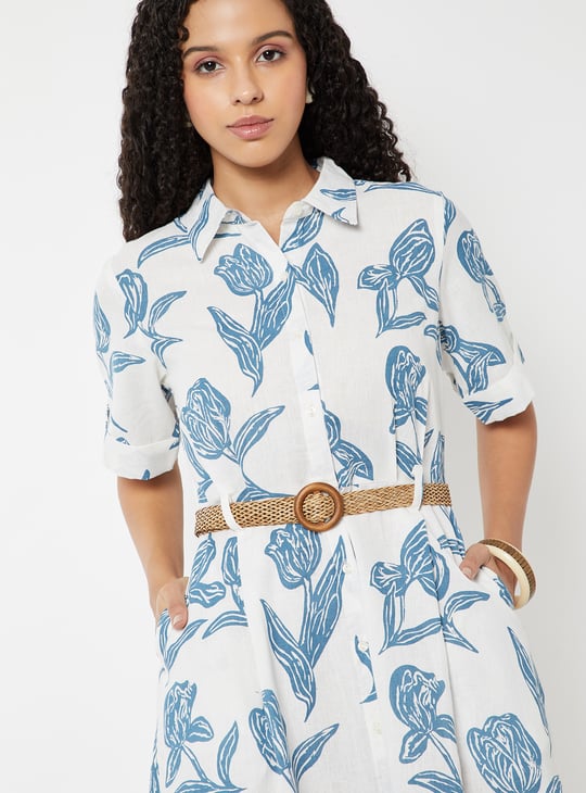 Women Printed Shirt Dress with Belt