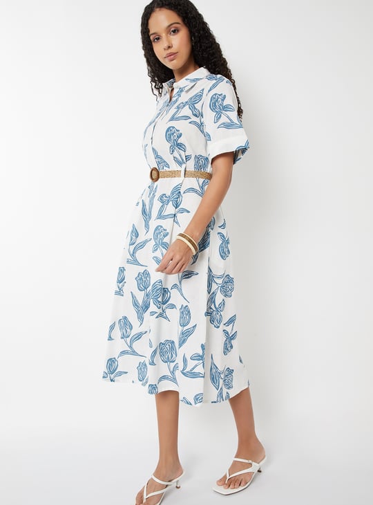 Women Printed Shirt Dress with Belt
