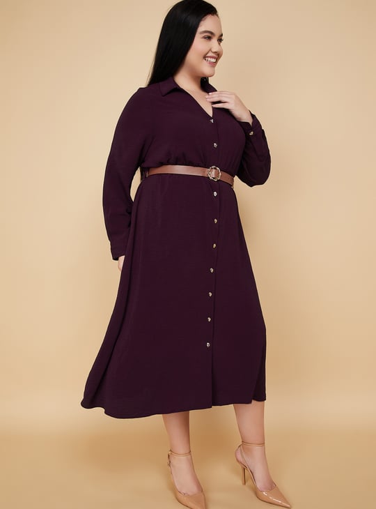 Women Textured Belted Shirt Dress