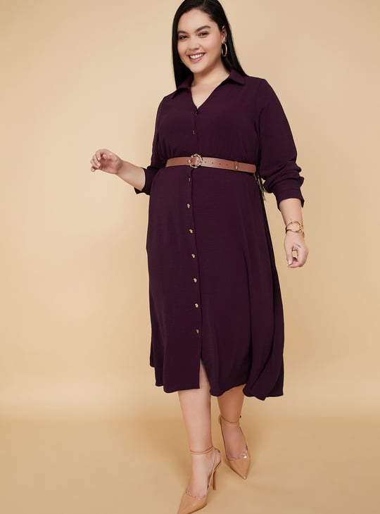 Women Textured Belted Shirt Dress