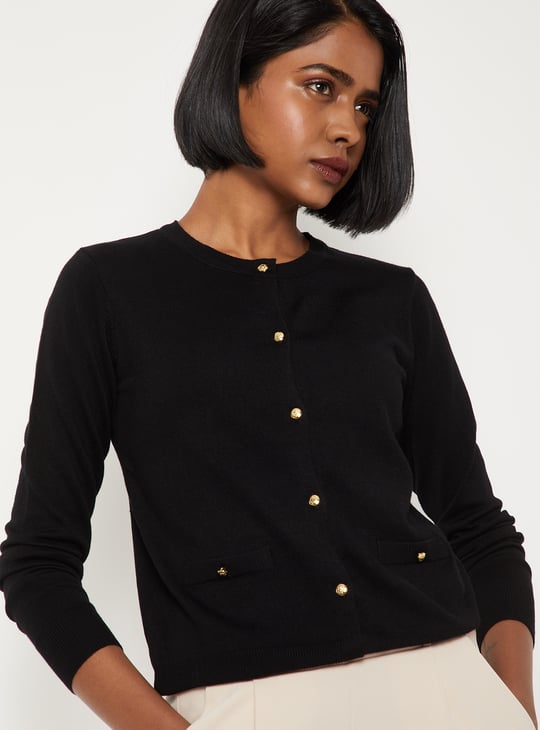 Women Knit Cardigan with Faux Pockets