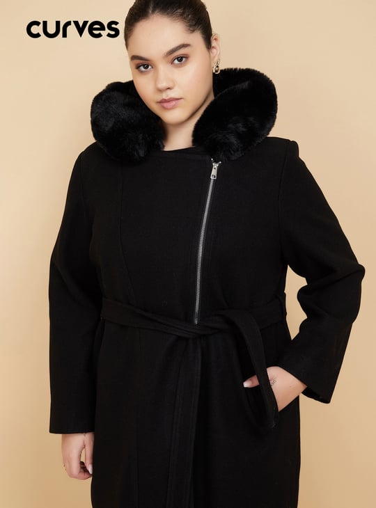 Women Fur Hood Longline Jacket