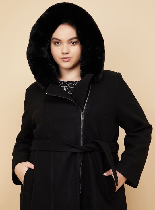 Women Fur Hood Longline Jacket