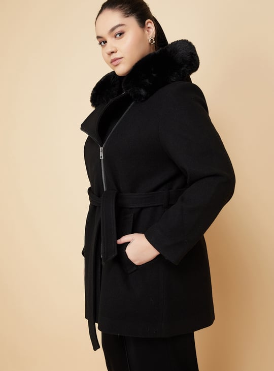 Women Fur Hood Longline Jacket