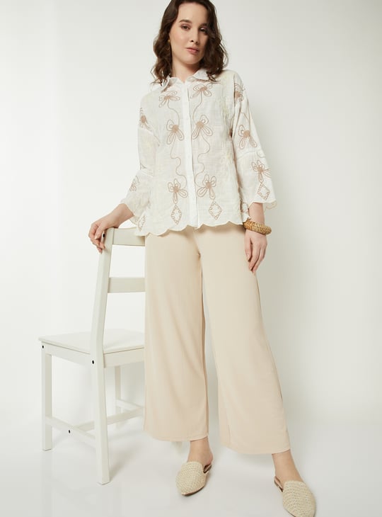 Women Elasticated Front Waist Tie Up Ribbed Palazzo