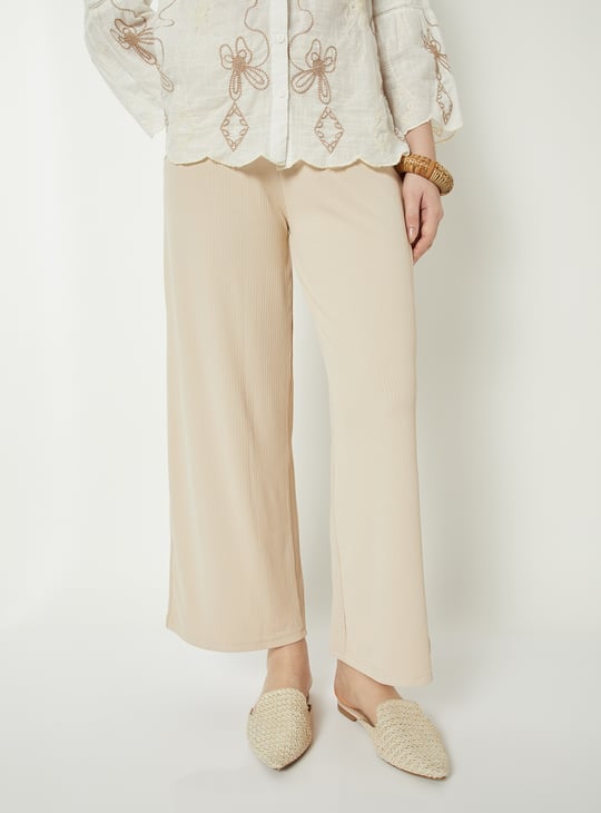 Women Elasticated Front Waist Tie Up Ribbed Palazzo