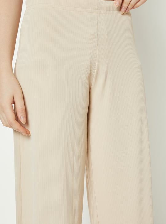 Women Elasticated Front Waist Tie Up Ribbed Palazzo