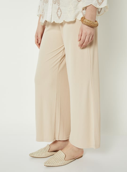 Women Elasticated Front Waist Tie Up Ribbed Palazzo