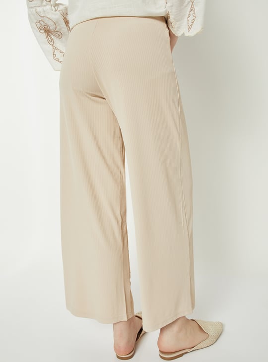 Women Elasticated Front Waist Tie Up Ribbed Palazzo