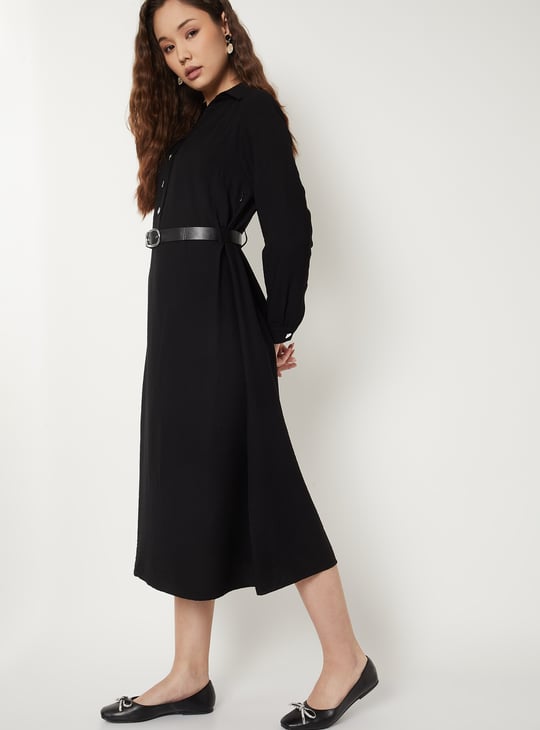 Women Solid Shirt Dress with Belt