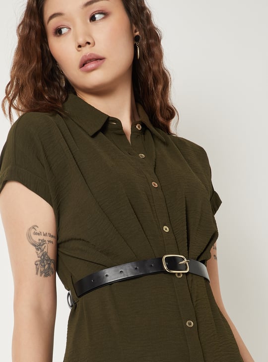 green dress brown belt 209-2 Dress with a wide tied belt - dark green