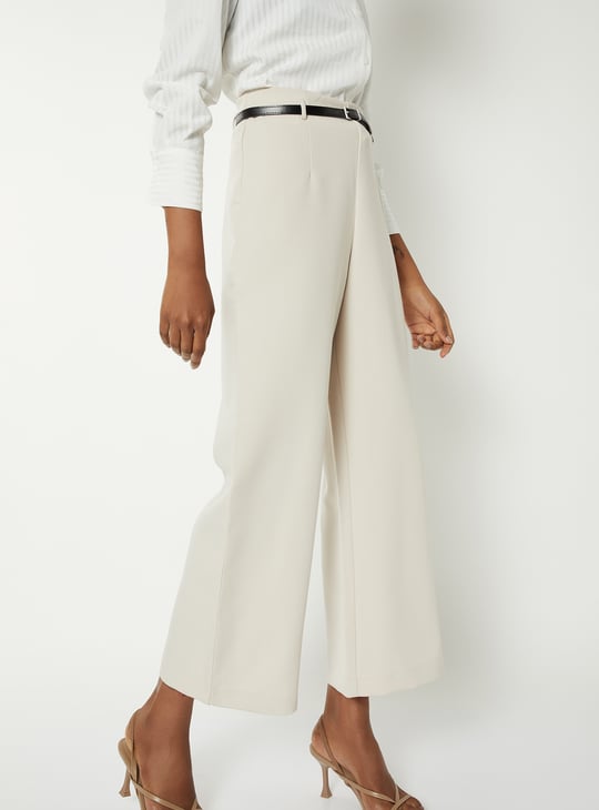 Buy Women Solid Wide-Leg Crop Trousers with Belt Online at just Rs