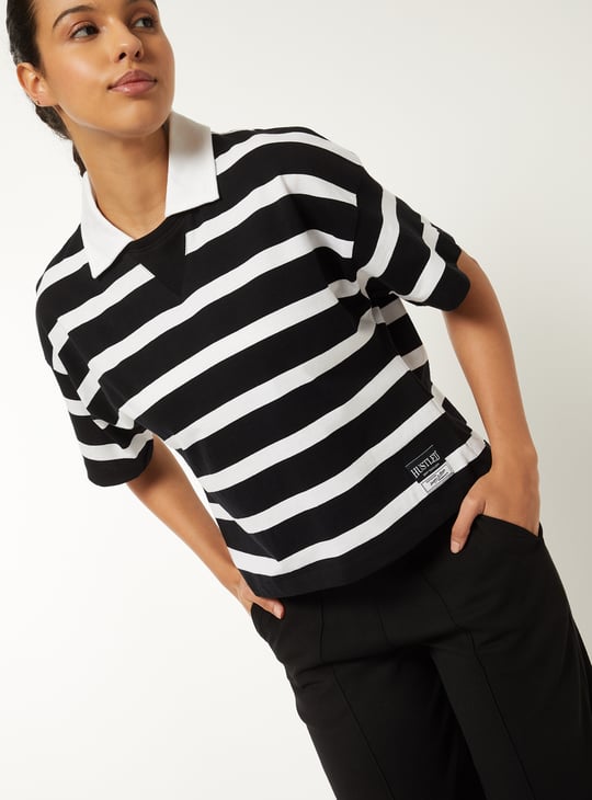 Women Striped Boxy Johnny Collar T-shirt