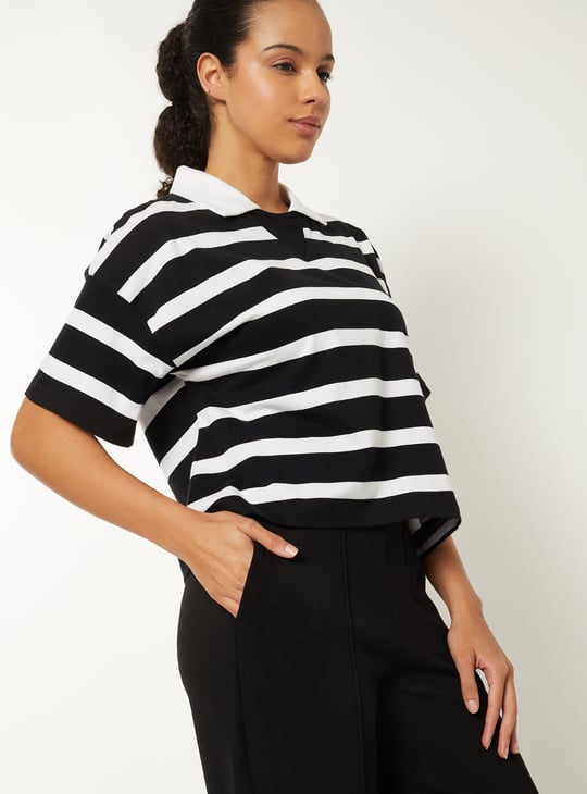 Women Striped Boxy Johnny Collar T-shirt