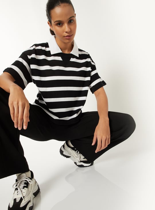Women Striped Boxy Johnny Collar T-shirt