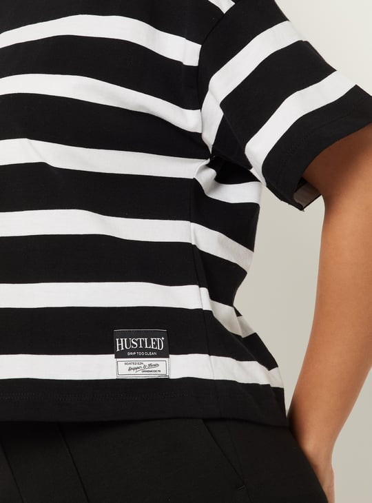Women Striped Boxy Johnny Collar T-shirt