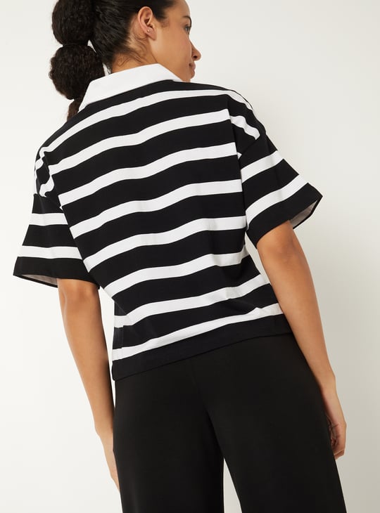 Women Striped Boxy Johnny Collar T-shirt