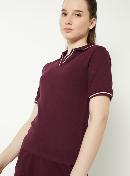 Women Ribbed Slim Fit Johnny Collar T-shirt