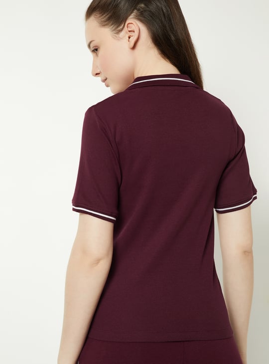 Women Ribbed Slim Fit Johnny Collar T-shirt