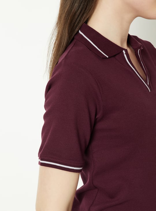 Women Ribbed Slim Fit Johnny Collar T-shirt