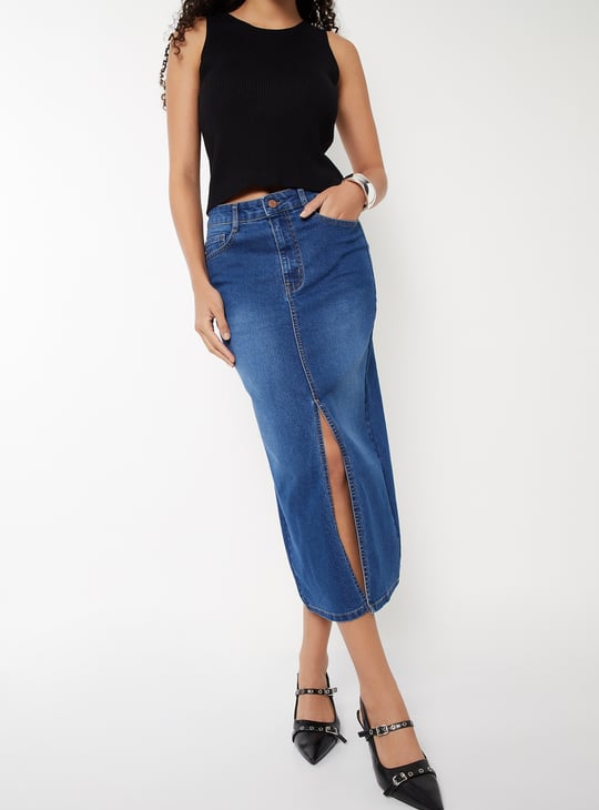 Women Washed Denim High Rise Skirt
