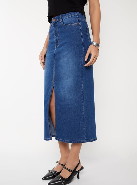 Women Washed Denim High Rise Skirt