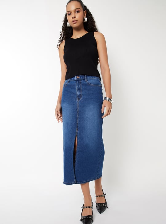 Women Washed Denim High Rise Skirt