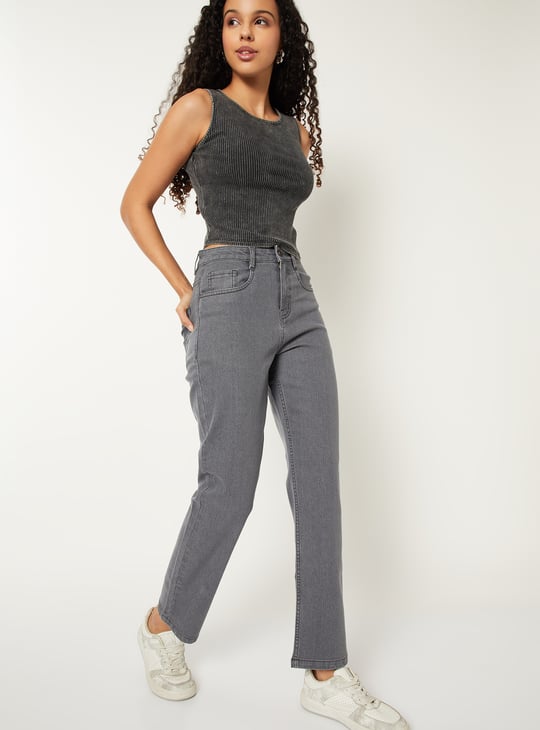 Women Washed High Rise Slim Straight Jeans
