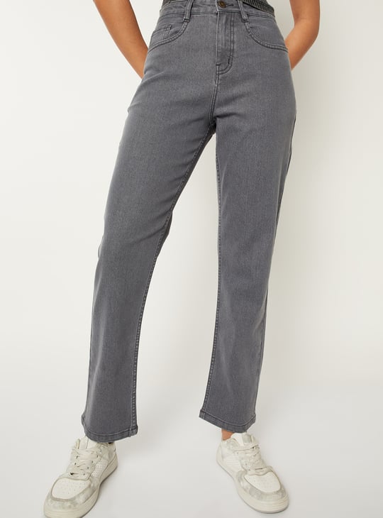 Women Washed High Rise Slim Straight Jeans