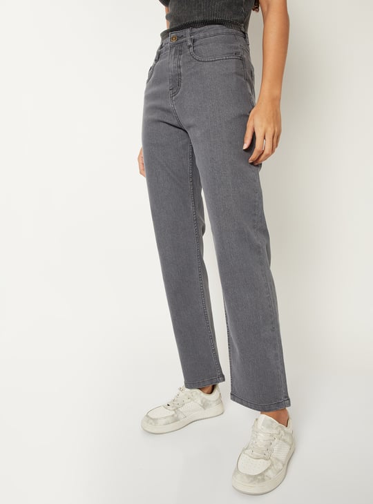 Women Washed High Rise Slim Straight Jeans