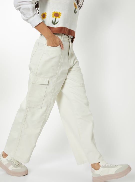 Women Solid Wide Leg High-Rise Cargo Jeans