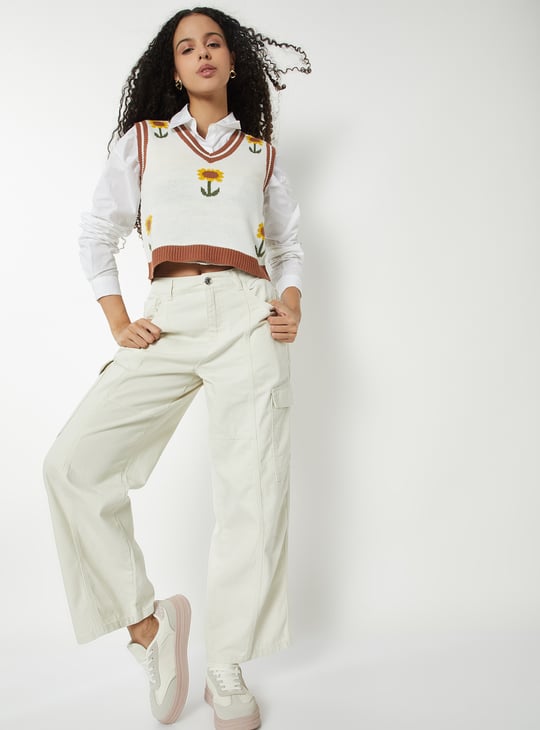 Women Solid Wide Leg High-Rise Cargo Jeans