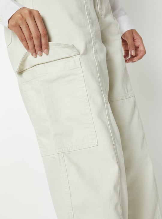 Women Solid Wide Leg High-Rise Cargo Jeans