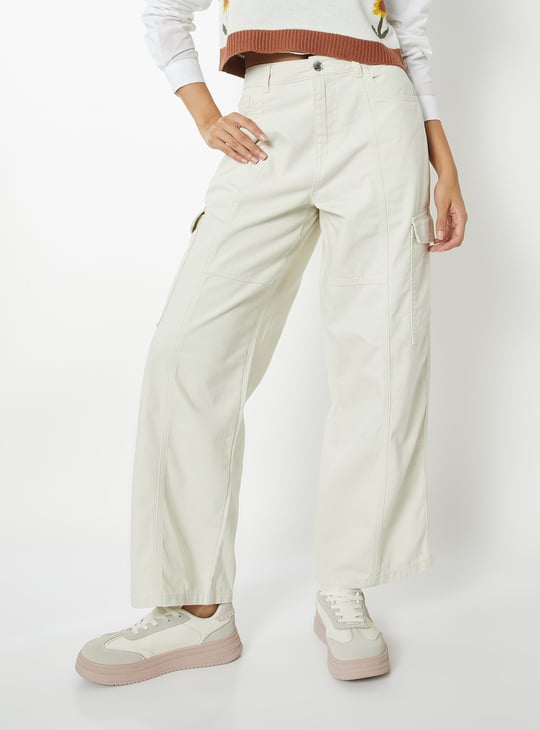 Women Solid Wide Leg High-Rise Cargo Jeans